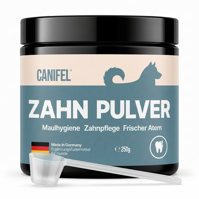 CANIFEL Zahnpulver für Hunde mit Seealgenmehl zur Vorbeugung von Zahnstein, Apothekerrezeptur, für frischen Atem & Maulhygiene, Made in Germany, 250g