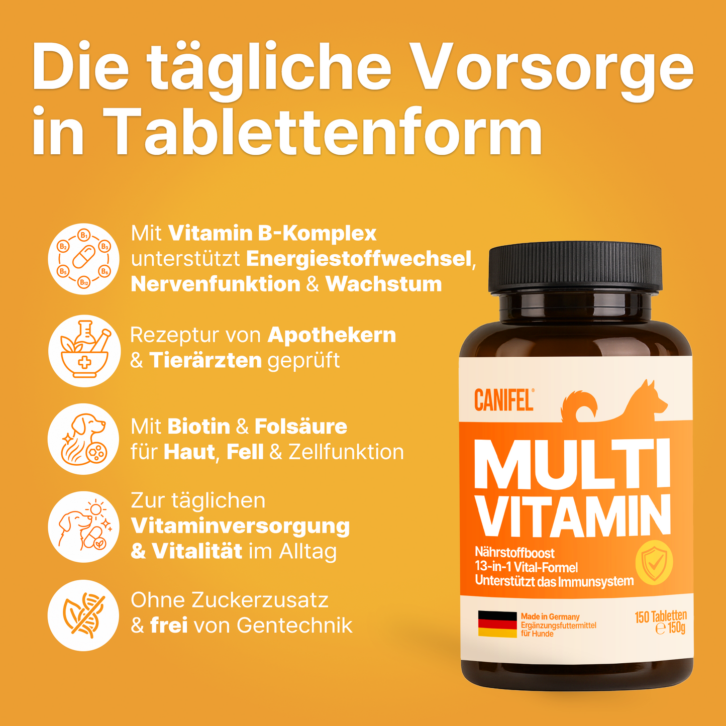 CANIFEL Vitamine für Hunde, mit Vitamin B Komplex, Biotin Hunde hochdosiert, Vitamin C, E & Folsäure, Bierhefe Tabletten für Hund, Apotheker Rezeptur, Made in Germany, 150 Stück