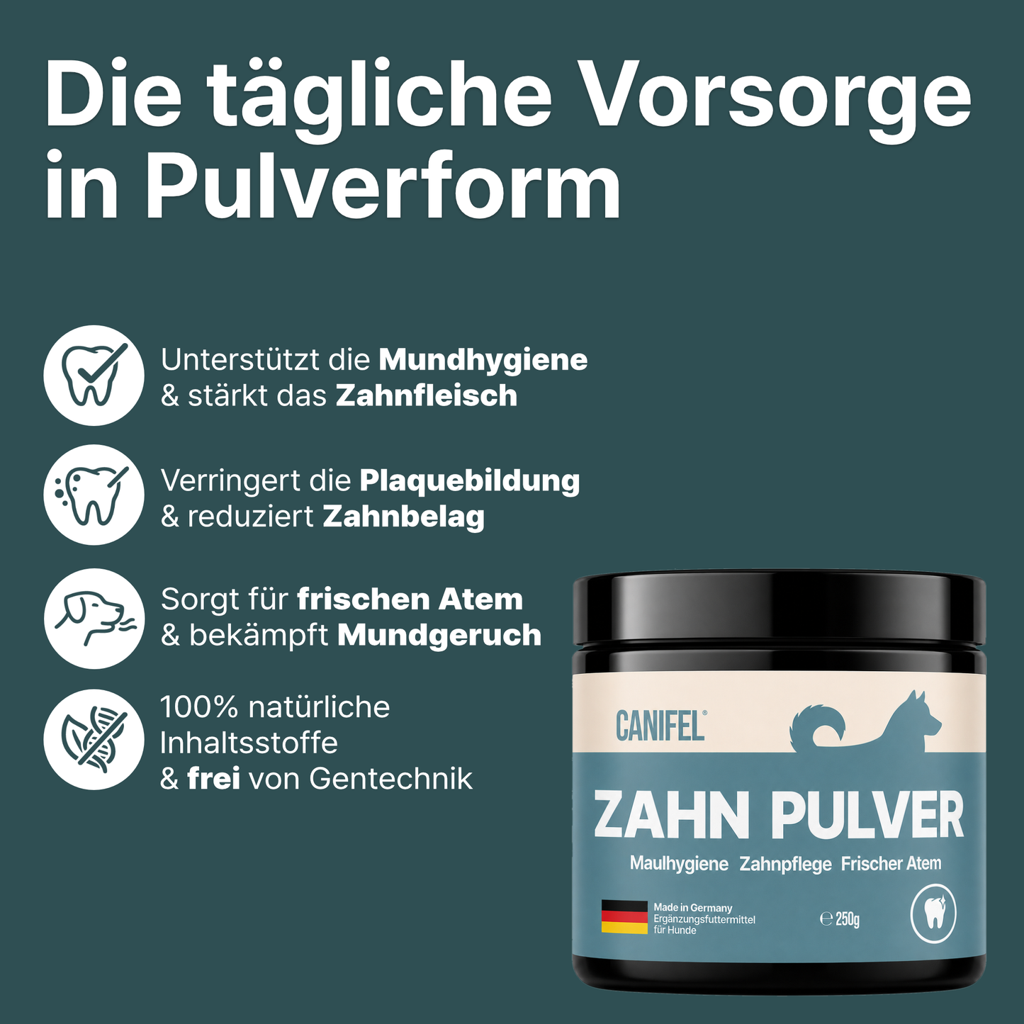 CANIFEL Zahnpulver für Hunde mit Seealgenmehl zur Vorbeugung von Zahnstein, Apothekerrezeptur, für frischen Atem & Maulhygiene, Made in Germany, 250g